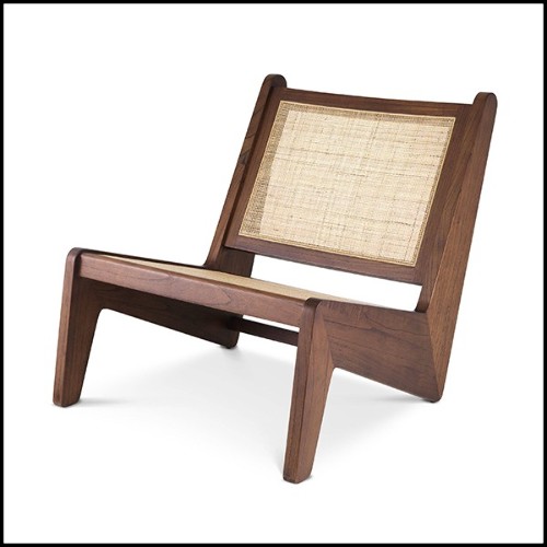 Armchair in vintage style in solid wood in classic brown finish and rattan 24-Aubin