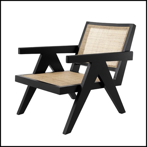 Armchair vintage style in solid wood classic black finish and rattan 24-Aristide
