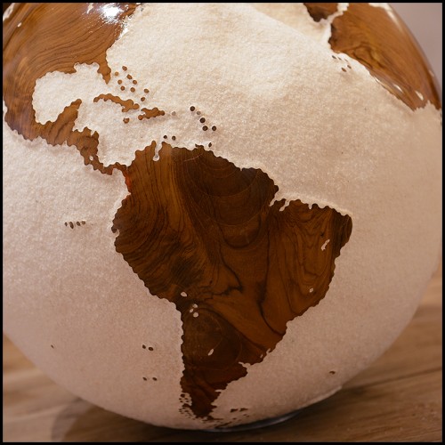 Sculpture PC - Earth Globe White and Teak - Bois de teck - Pacific Compagnie.