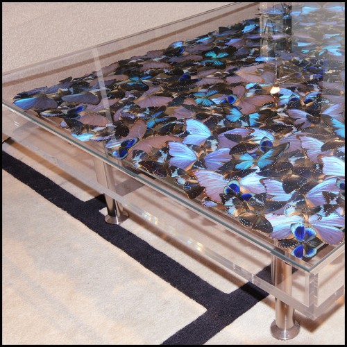 Table Basse - Blue Butterflies - Modern low table featuring vibrant butterfly pattern - Pacific Compagnie.