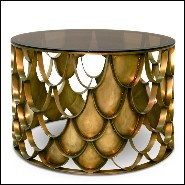Table basse 155 - Japanese Carpus - Stunning coffee table with aged brass base, bronze glass top, and Japanese Carpus influence 