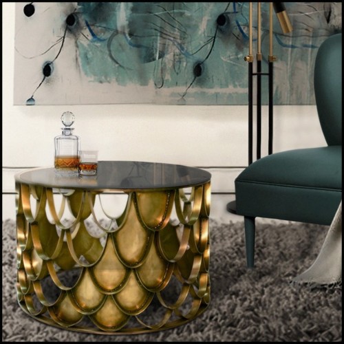 Table basse 155 - Japanese Carpus - Sophisticated coffee table featuring aged brass and bronze glass with 155-Japanese Carpus de