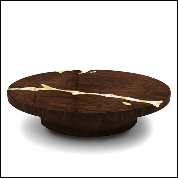 Coffee table in veneered solid walnut wood with polished hammered brass details carved on base and top 145-Excellence Walnut