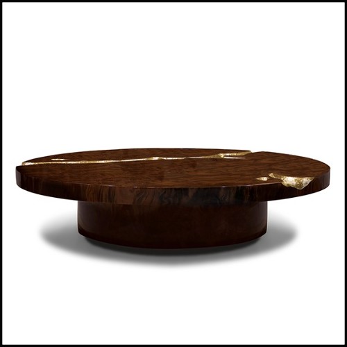 Coffee table in veneered solid walnut wood with polished hammered brass details carved on base and top 145-Excellence Walnut