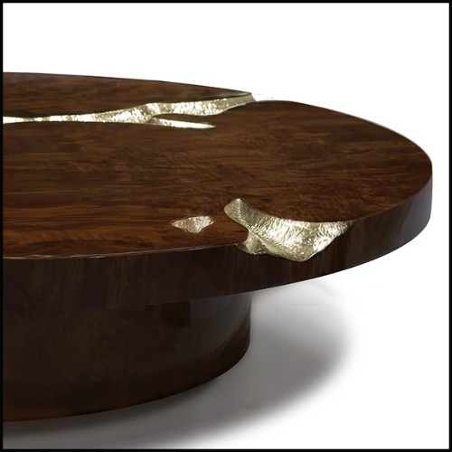 Coffee table in veneered solid walnut wood with polished hammered brass details carved on base and top 145-Excellence Walnut