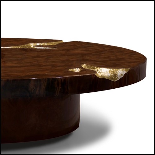 Coffee table in veneered solid walnut wood with polished hammered brass details carved on base and top 145-Excellence Walnut