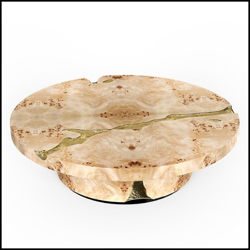 Coffee table in veneered solid walnut wood with polished hammered brass details carved on base and top 145-Excellence Walnut