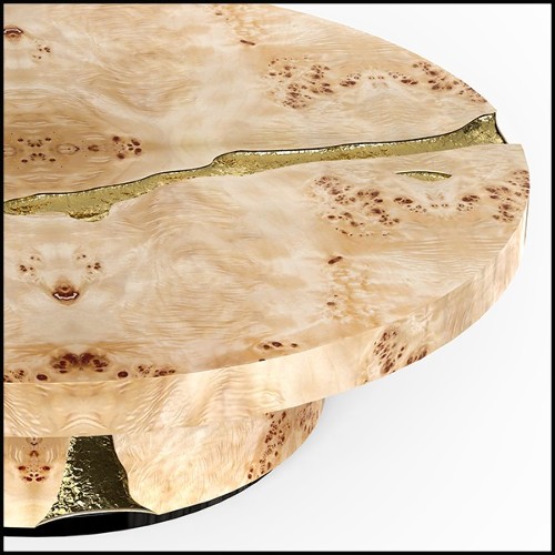 Coffee table in veneered solid walnut wood with polished hammered brass details carved on base and top 145-Excellence Walnut