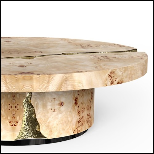 Coffee table in veneered solid walnut wood with polished hammered brass details carved on base and top 145-Excellence Walnut