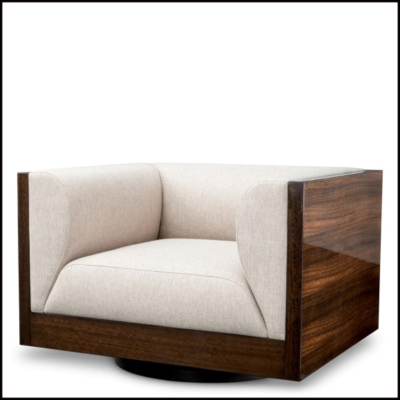 Swivel Chair Eichholtz Sebastian in high gloss eucalyptus veneer with natural loki fabric