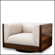 Swivel Chair Eichholtz Sebastian in high gloss eucalyptus veneer with natural loki fabric