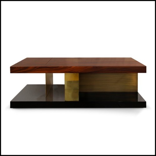 Coffee Table with high glossy lacquer finish brass and wood veneer 155-Chloe