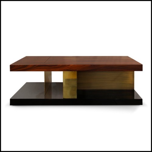 Coffee Table with high glossy lacquer finish brass and wood veneer Brabbu - Chloe