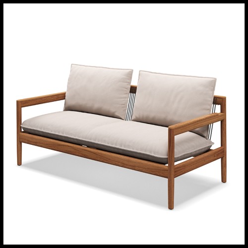 Sofa Gloster Saranac Collection in teak natural finish, ropes and outdoor fabric, side view