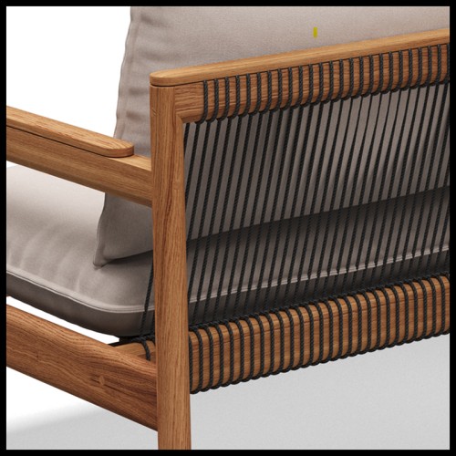 Details of the raven ropes, Teak and outdoor fabric of the Sofa Gloster Saranac Collection