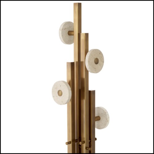 Details of travertine discs and brass vintage brass finish of the Coat Rack Eichholtz Amadora