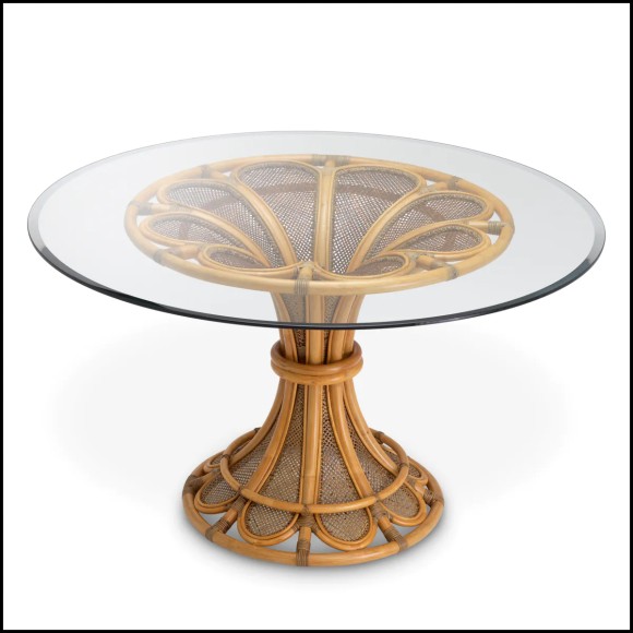 Table de Repas Eiccholtz de la collection Colony en rotin naturel et verre clair biseauté