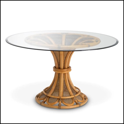 Table à Manger 24- Colony : Table de repas Colony en rotin naturel avec plateau en verre clair biseauté - Pacific Compagnie
