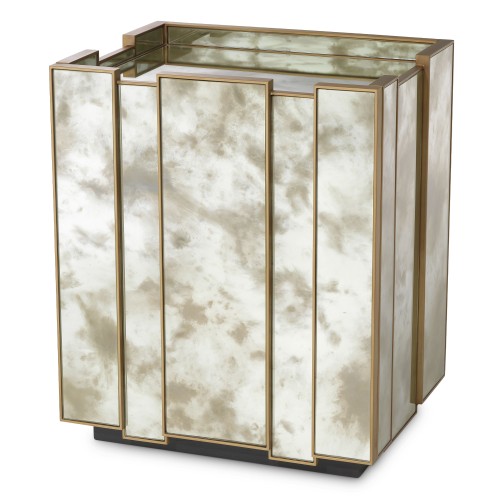 Table de chevet 24 - Nottingham - Table de chevet with aged mirror finish and wooden accents - Pacific Compagnie.