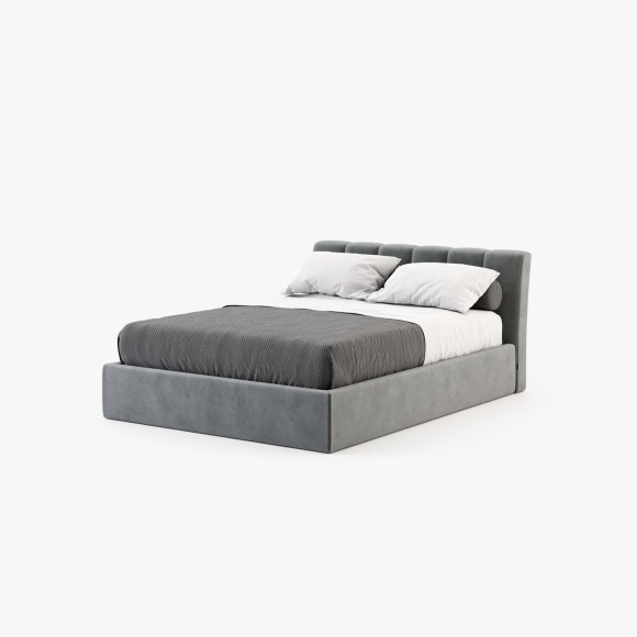 Lit 174 - Norma - Khaki fabric bed with wooden and metal accents in small size - Pacific Compagnie.