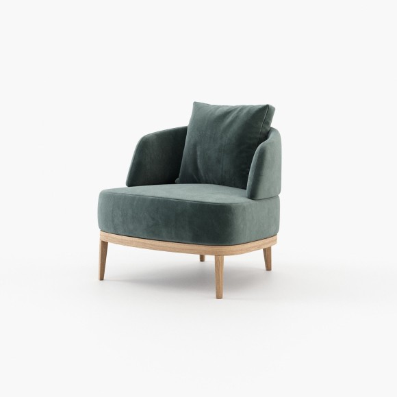 Fauteuil 174 - Keros - Modern wooden fauteuil with cream and safira fabric options - Pacific Compagnie.