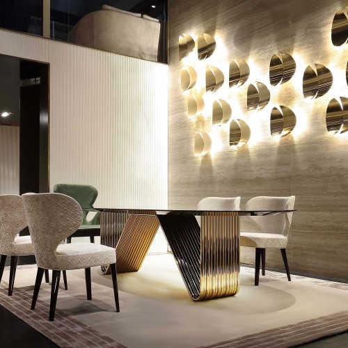 Tables 150 - Alyson | Table à manger en verre et brass varnished gold design - Pacific Compagnie.