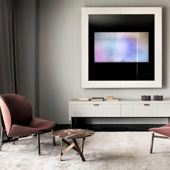 Meubles TV 150 - Iolanda Low - Bronzed brass and leather TV stand with sleek design - Pacific Compagnie.