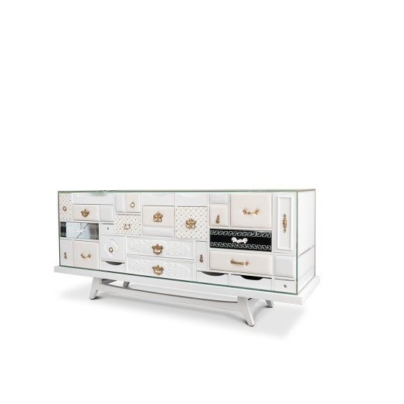 Buffet 145 - Mondrian - Meuble de rangement en noir et blanc avec décor en verre et bois - Pacific Compagnie.