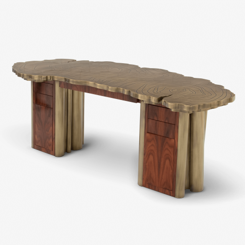 Bureau 145 - Fortuna - Elegant wooden desk with engraved brass details and storage - Pacific Compagnie.