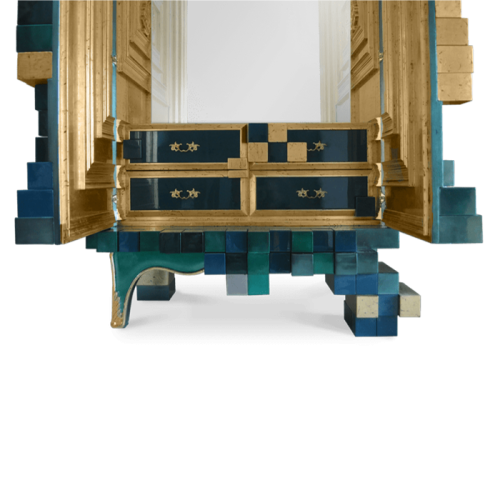 Cabinet 145 - Piccadilly - Elegant natural wood and metal bar storage unit with glass shelves - Pacific Compagnie.