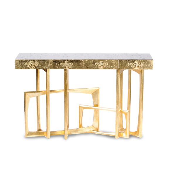 Console 145 - Metropolis - Console en bois et laiton, finition naturelle, dimensions 140x40x85 cm - Pacific Compagnie.