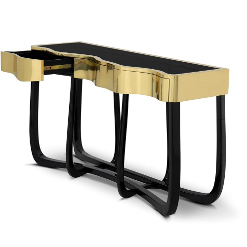 Console 145 - Sinuous - Console en or et patine, design élégant, bois et laiton - Pacific Compagnie.