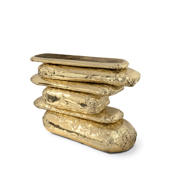 Console 145 - Stonehenge - Brass accents on natural wood console - Pacific Compagnie.