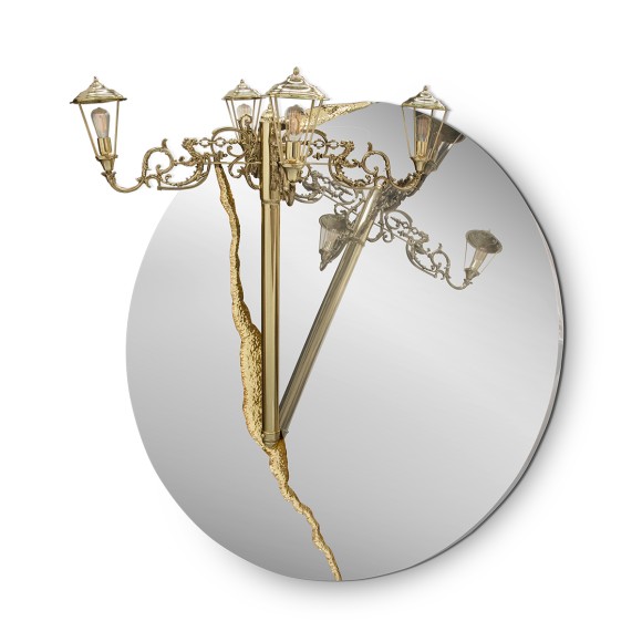 Miroir 145 - Lumiere Round - Round mirror with stainless steel and brass details in small size - Pacific Compagnie.