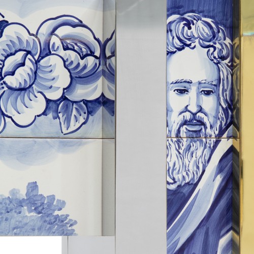 Table à manger 145 - Heritage - Table à manger en laiton poli et bois avec miroir bevelé et détails en carreaux de faïence - Pac