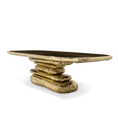 Table à manger 145 - Stonehenge - Table à manger en marbre avec base en laiton martelé, style luxueux - Pacific Compagnie.