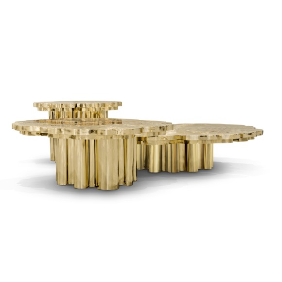 Table basse 145 - Fortuna - Gold center table with brass and wood details - Pacific Compagnie.