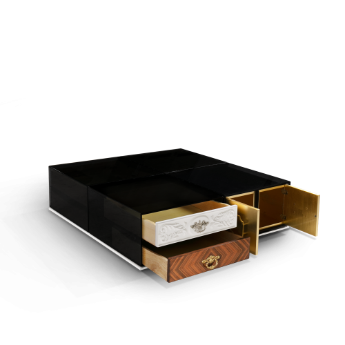 Table basse 145 - Soho - Sophisticated wooden coffee table with gold leaf and glass decorations - Pacific Compagnie.