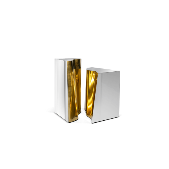 Table d'appoint 145 - Lapiaz - Table d'appoint en acier inoxydable poli et placage racine de noyer - Pacific Compagnie.