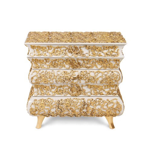 Table de nuit 145 - Crochet - Cream and gold nightstand with carved brass motif - Pacific Compagnie.