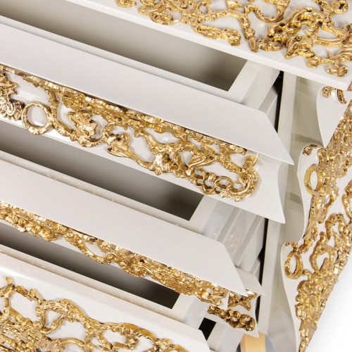 Table de nuit 145 - Crochet - High-end nightstand with carved polished brass motif and cream finish - Pacific Compagnie.