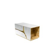 Table de nuit 145 - Lapiaz - Sleek polished stainless steel nightstand with hand hammered brass and wooden interior - Pacific Co