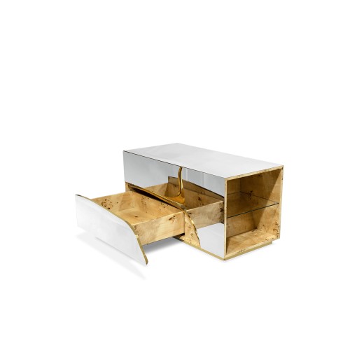 Table de nuit 145 - Lapiaz - Hand hammered brass and glass nightstand with polished steel finish - Pacific Compagnie.