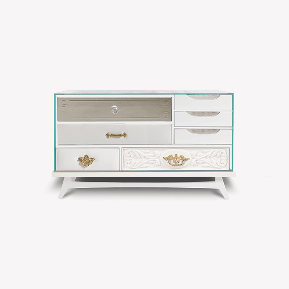 Table de nuit 145 - Mondrian - Elegant white and black bedside table with brass and mirror accents - Pacific Compagnie.