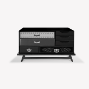 Table de nuit 145 - Mondrian - Luxurious black and white nightstand with glass and leather details - Pacific Compagnie.