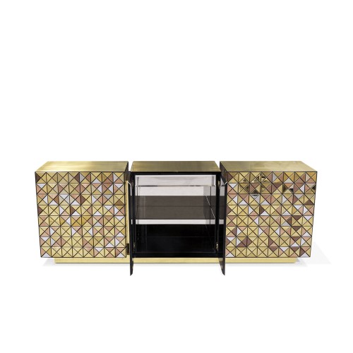 Buffet 145 - Pixel - Multicolor sideboard with intricate brass hardware and mirror panels - Pacific Compagnie.