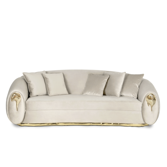 Canapé 145 - Soleil - Elegant curved sofa with hand-hammered polished brass base and luxurious materials - Pacific Compagnie.