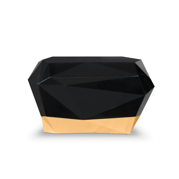 Table de nuit 145 - Diamond - Table de nuit contemporaine en bois laqué noir, avec accents d'or, pour un intérieur raffiné - Pac