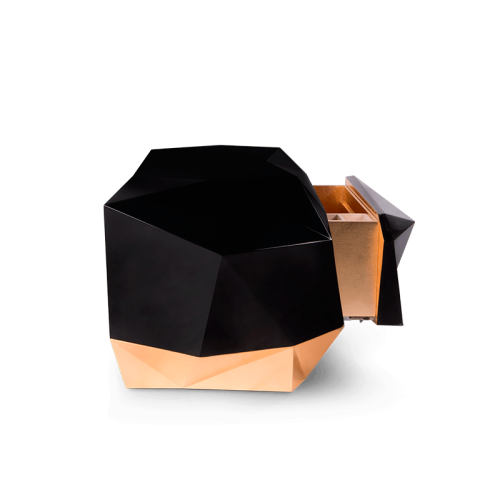 Table de nuit 145 - Diamond - Table de nuit en noir et or, avec feuille d'or, pour une décoration de chambre luxueuse - Pacific 