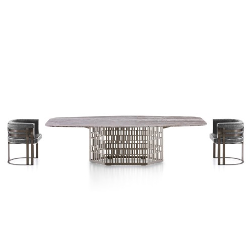Table de repas 150 - Slice - Luxury outdoor dining table in outdoor bronze steel finish with grey travertino top - Pacific Compa
